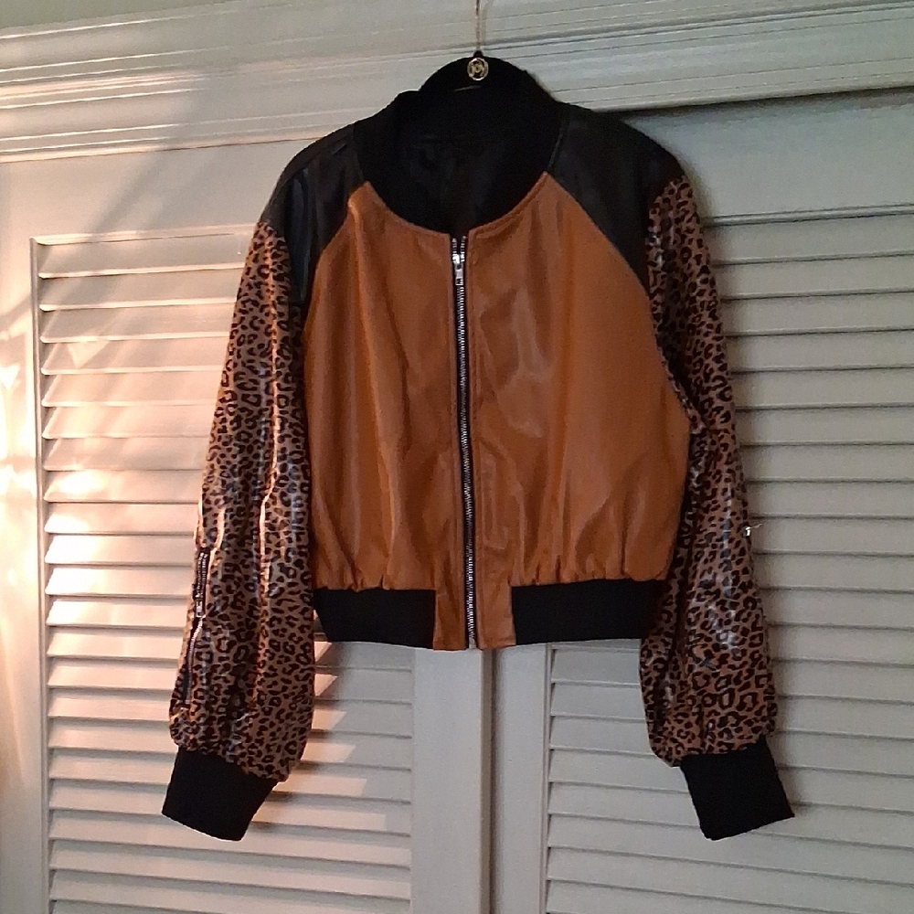 NWT - Women's Tan Bomber Jacket with Leopard-Print Sleeves